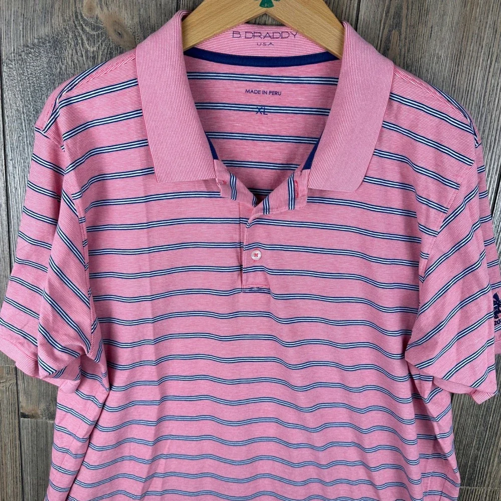 B. Draddy USA Pima Cotton Polo Shirt Mens XL Pink Navy Blue Striped Logo